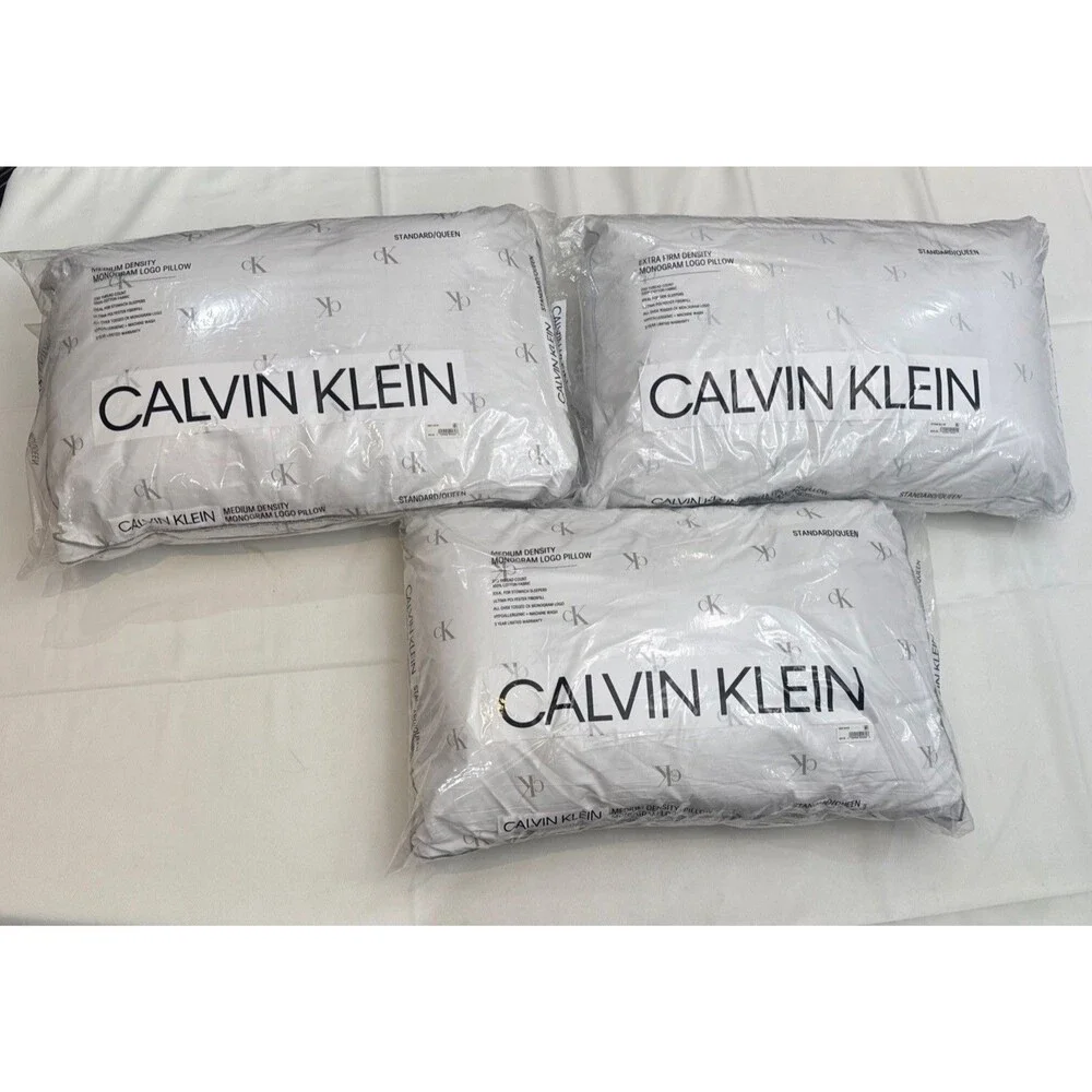 Calvin Klein Monogram Logo Pillow Med Density White/Dove Std/Queen NEW SET OF 3!